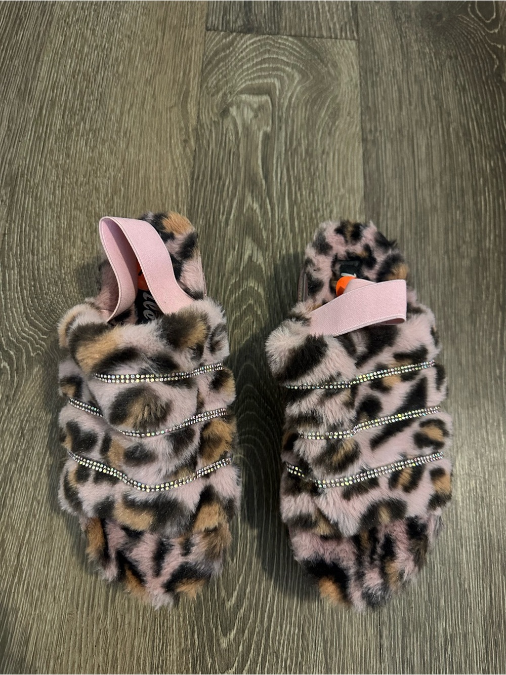 Pink Leopard Faux-Fur Ruffled Slide Sandals with Rhinestone Straps - Picture 8 of 9